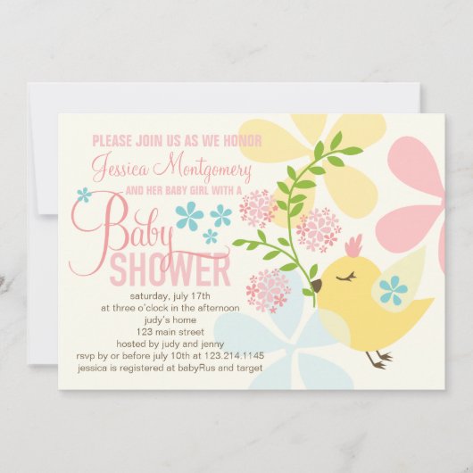 Invitation Petites fleurs d'oiseaux mignons Baby shower de fi (Devant)