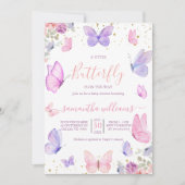 Invitation Petites fleurs papillons Baby shower rose violet (Devant)