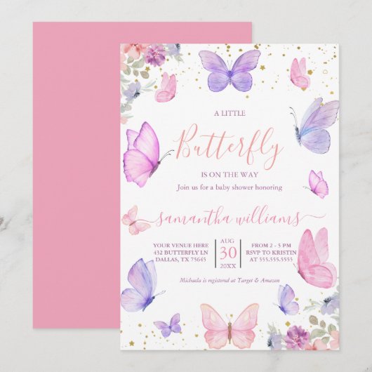 Invitation Petites fleurs papillons Baby shower rose violet (Devant / Derrière)