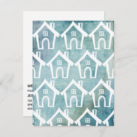 Invitation Petites Maisons Blanches Turquoise Grunge We Moved (Devant / Derrière)