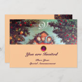 Invitation PETITS ANGES MONOGRAMME bleu antique rose vif (Devant / Derrière)