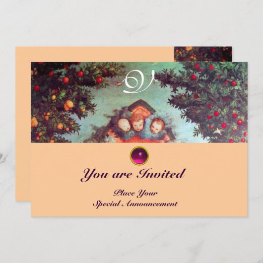 Invitation PETITS ANGES MONOGRAMME bleu antique rose vif (Devant / Derrière)