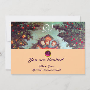Invitation PETITS ANGES MONOGRAMME bleu antique rose vif