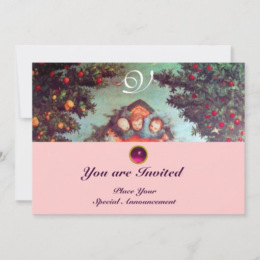 Invitation PETITS ANGES MONOGRAMME bleu antique rose vif (Devant)