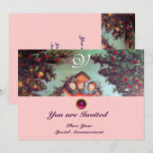 Invitation PETITS ANGES MONOGRAMME bleu antique rose vif (Devant / Derrière)