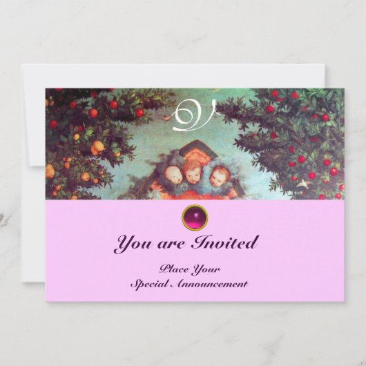 Invitation PETITS ANGES MONOGRAMME bleu antique rose vif (Devant)