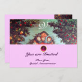 Invitation PETITS ANGES MONOGRAMME bleu antique rose vif (Devant / Derrière)