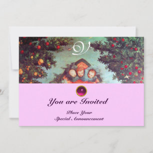 Invitation PETITS ANGES MONOGRAMME bleu antique rose vif