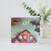 Invitation PETITS ANGES MONOGRAMME bleu antique rose vif (Debout devant)