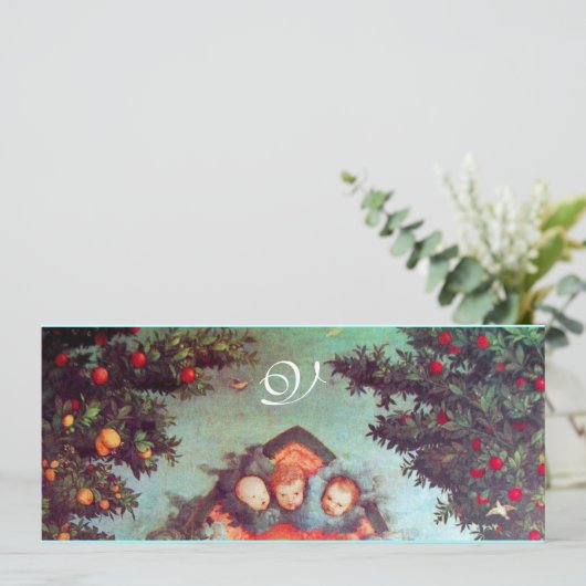 Invitation PETITS ANGES MONOGRAMME bleu antique rouge (Debout devant)