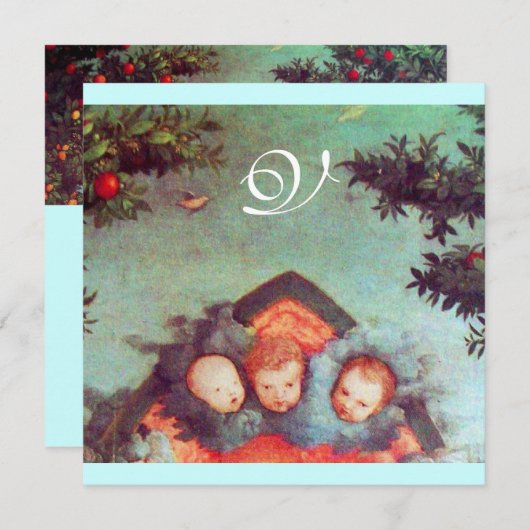 Invitation PETITS ANGES MONOGRAMME bleu antique rouge (Devant / Derrière)