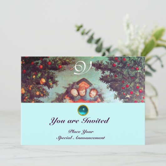 Invitation PETITS ANGES MONOGRAMME bleu antique rouge vif (Debout devant)