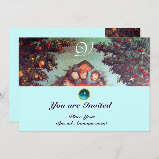 Invitation PETITS ANGES MONOGRAMME bleu antique rouge vif (Devant / Derrière)