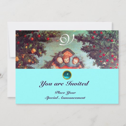Invitation PETITS ANGES MONOGRAMME bleu antique rouge vif (Devant)