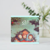 Invitation PETITS ANGES MONOGRAMME bleu antique rouge vif (Debout devant)