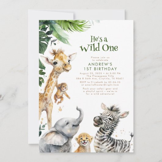Invitation Petits Animaux Jungle Safari Sauvage Un 1er annive (Devant)