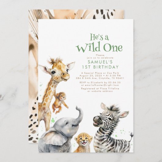 Invitation Petits Animaux Jungle Safari Sauvage Un 1er annive (Devant / Derrière)