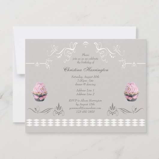 Invitation Petits gâteaux élégants roses et fête (Dos)