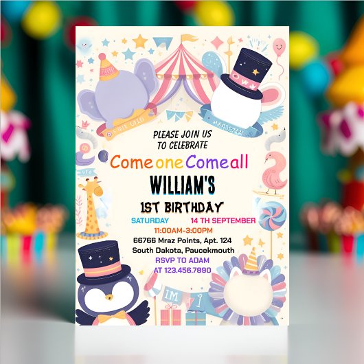 Invitation petits mignons Carnaval Cirque Spectacle 1er anniv
