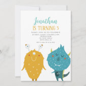 Invitation Petits monstres Fête d'anniversaire bleu et jaune (Devant)