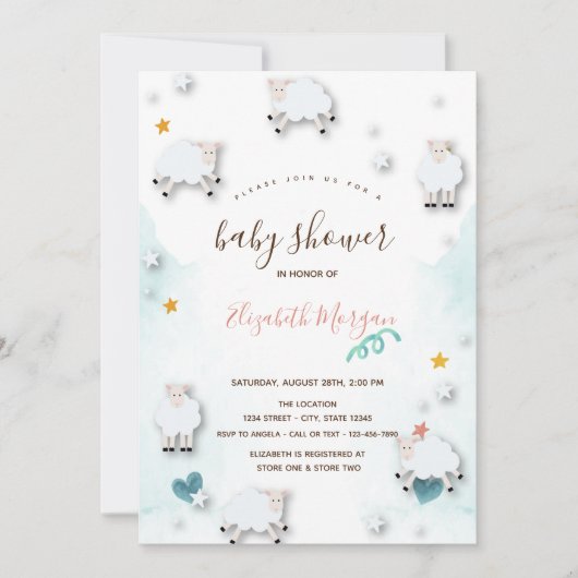 Invitation Petits moutons d'agneau Cloud Stars Baby shower (Devant)