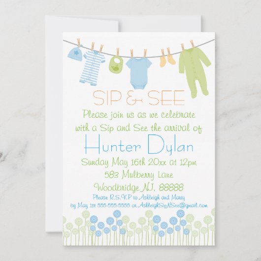 Invitation Petits vêtements bleus et verts Sip and See (Devant)