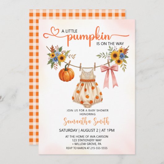 Invitation Petits vêtements Citrouilles Baby shower d'automne (Devant / Derrière)