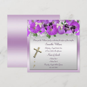 Invitation Pétunias, Rubans, Rosaire et Perles Filles Baptême