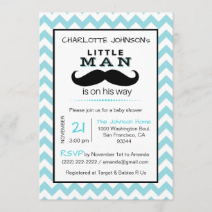 Invitation Peu de baby shower de bleu de garçon de moustache