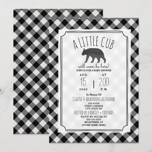 Invitation Peu de noir de plaid de CUB + Baby shower blanc (Devant / Derrière)