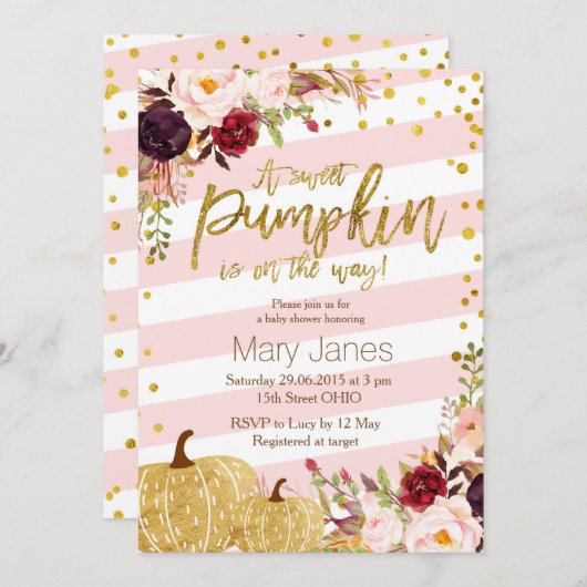 Invitation Peu d'invitation de baby shower de citrouille (Devant / Derrière)