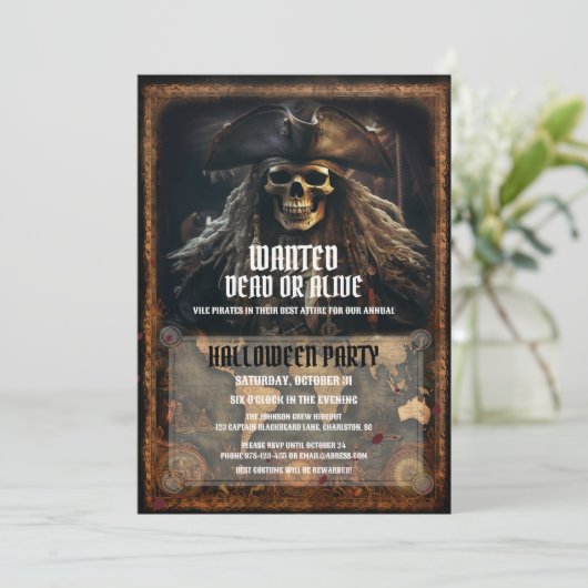 Invitation Peur Pirate Skull Black Halloween Party (Debout devant)