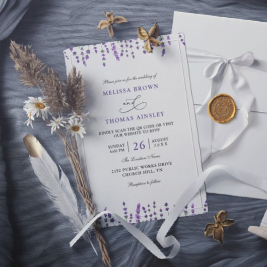 Invitation Peurple Lavender Floral Budget QR Code Wedding