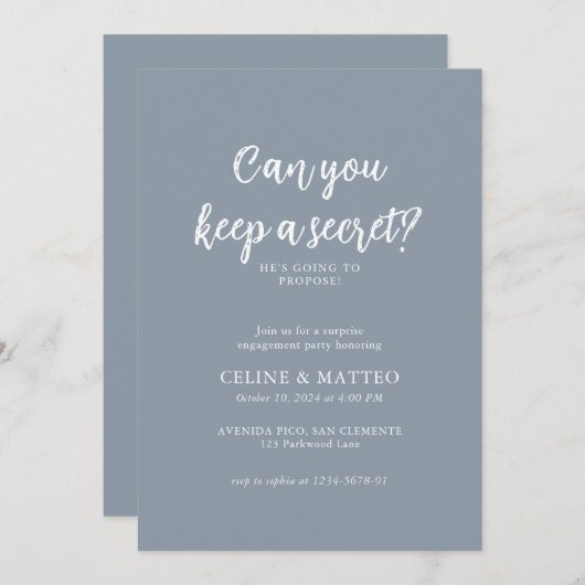 Invitation Peux-tu garder un secret ? | Fiançailles bleu Dust (Devant / Derrière)