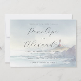 Invitation Phare à l'aquarelle bleu serein