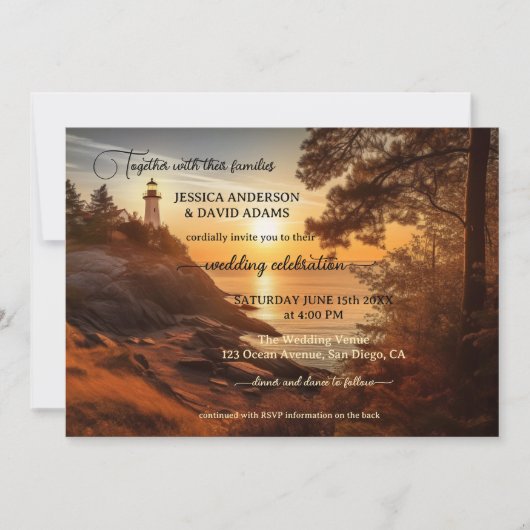 Invitation Phare côtier romantique QR Code Mariage (Devant)