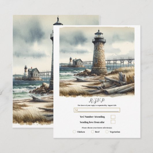 Invitation Phare côtier rustique bord de mer RSVP (Devant / Derrière)