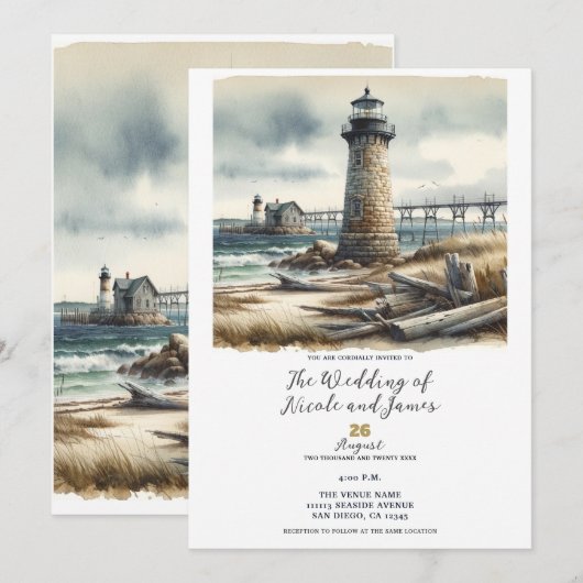 Invitation Phare côtier rustique pour mariage sur la plage (Devant / Derrière)