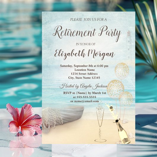 Invitation Phare de bateau de plage  Ballons, vin Retraite 