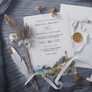 Invitation Phare de Fleur Sauvage de Plage Mariage Élégant de