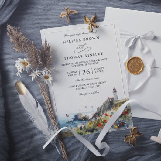 Invitation Phare de fleurs sauvages de plage Mariage code QR