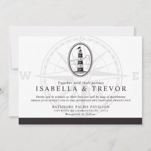 Invitation Phare de la plage noire et blanche | MARIAGE (Devant)