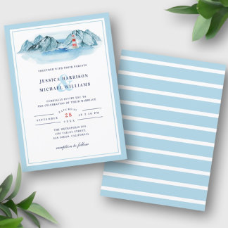 Invitation Phare de montagne océanique mariage aquarelle bleu