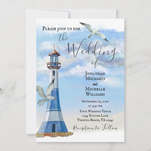 Invitation Phare et mouettes tout en une plage Mariage (Devant)