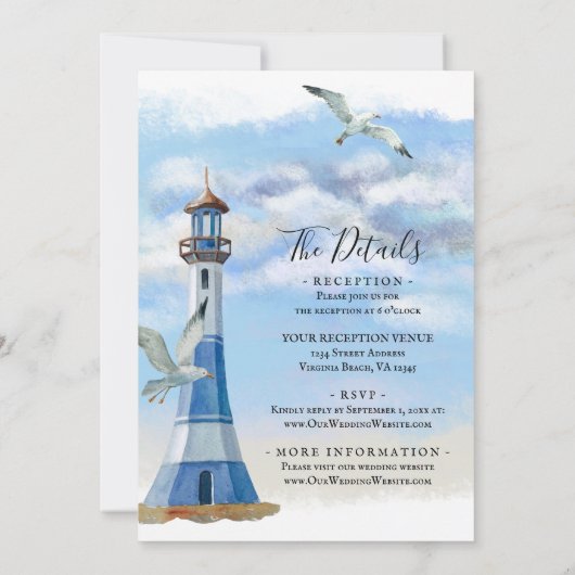 Invitation Phare et mouettes tout en une plage Mariage (Dos)