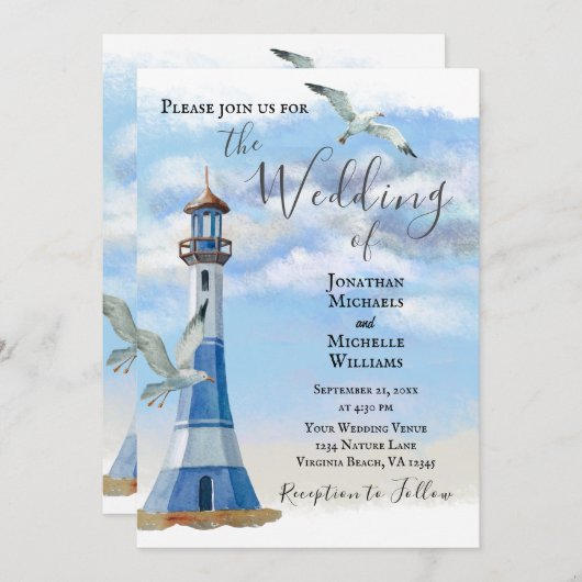 Invitation Phare et mouettes tout en une plage Mariage (Devant / Derrière)