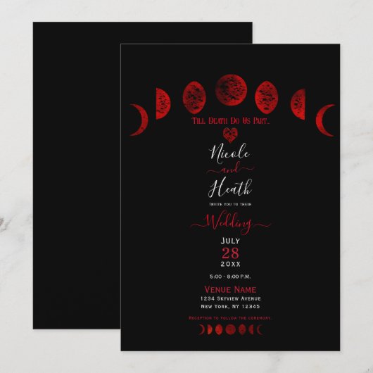 Invitation Phases de la Lune noire et rouge foncé Mariage got (Devant / Derrière)