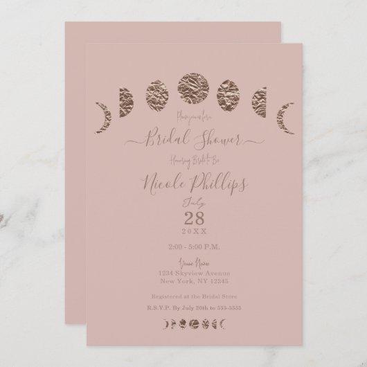 Invitation Phases de la lune rose Boho Fête des mariées moder (Devant / Derrière)