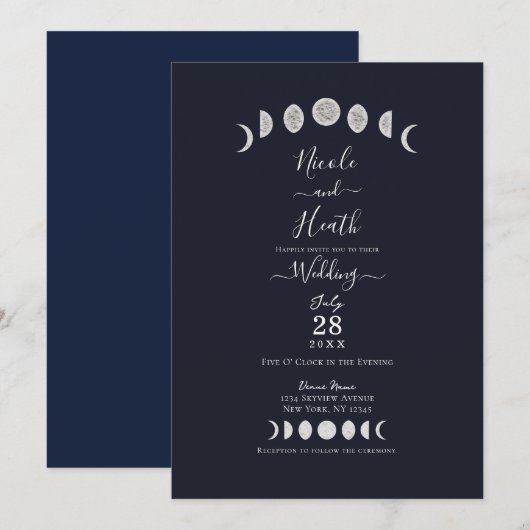 Invitation Phases de Lune Astrologie Céleste Mariage Bleu (Devant / Derrière)