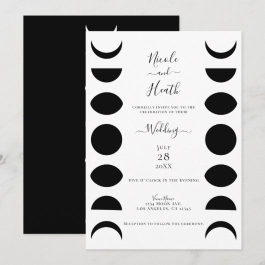 Invitation Phases de lune Cycles Mariage noir et blanc (Devant / Derrière)